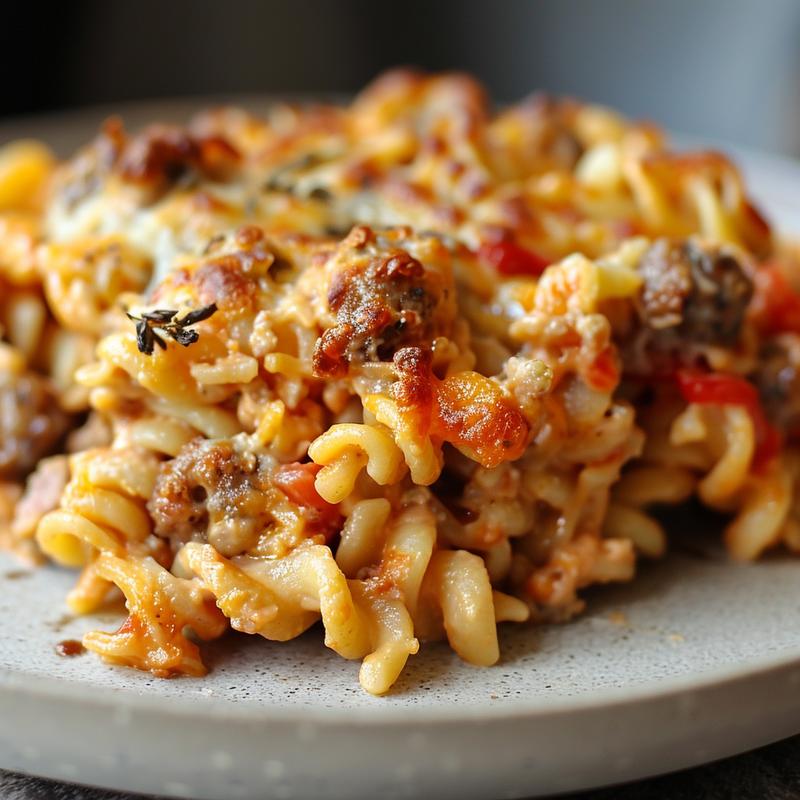 Close-up of a cheesy sausage pasta bake on a light grey ceramic plate.
