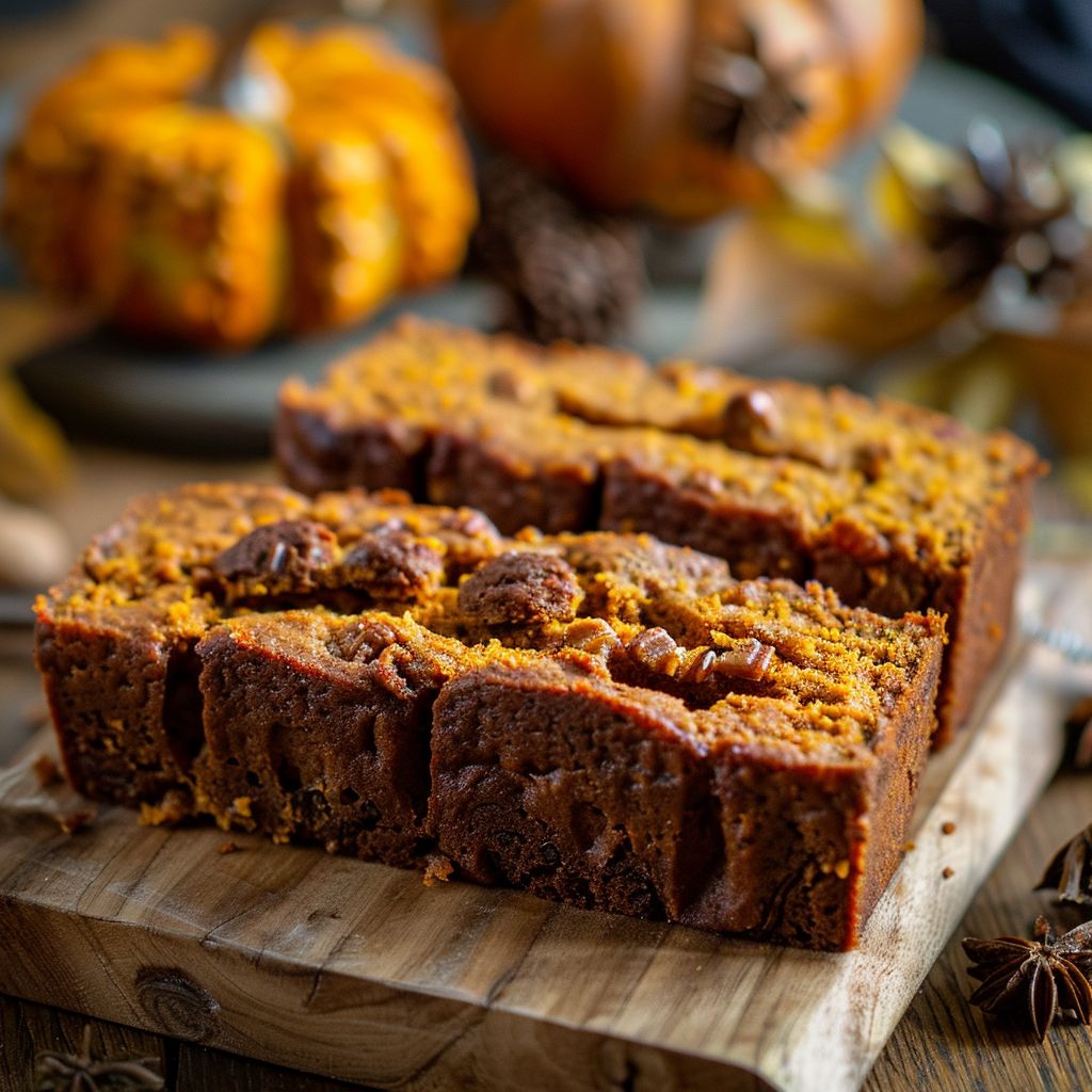 A freshly baked pumpkin bread loaf on a wooden cutting board, surrounded by pumpkin seeds and spices.