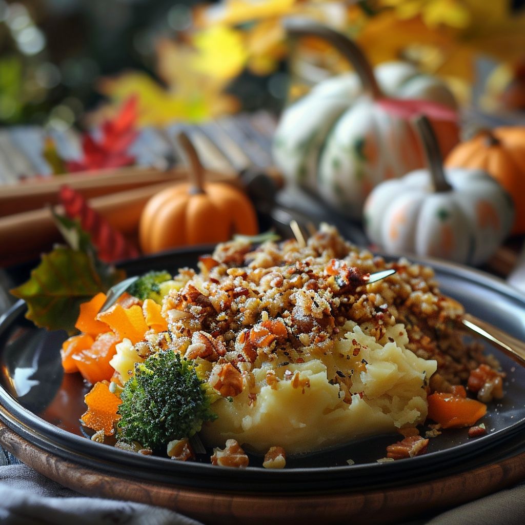 A beautifully set autumn-themed dinner table with seasonal dishes and decor.
