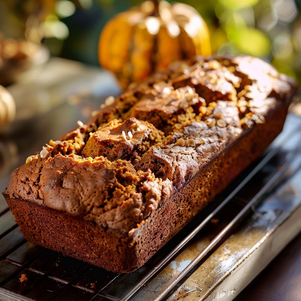 A beautifully baked loaf of pumpkin bread on a wooden cutting board, with slices slightly fanned out.