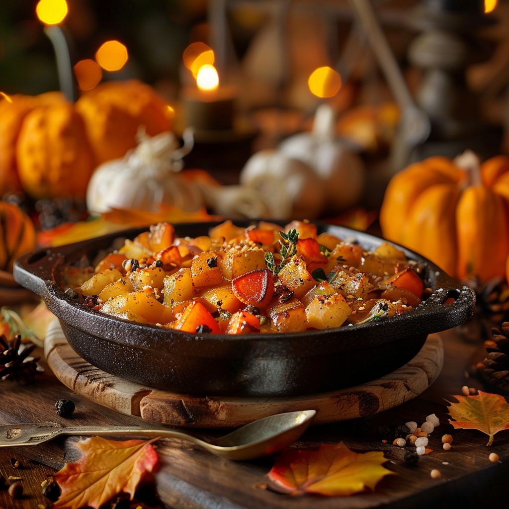 A beautifully arranged fall family dinner table featuring roasted turkey, seasonal vegetables, and pumpkin pie.