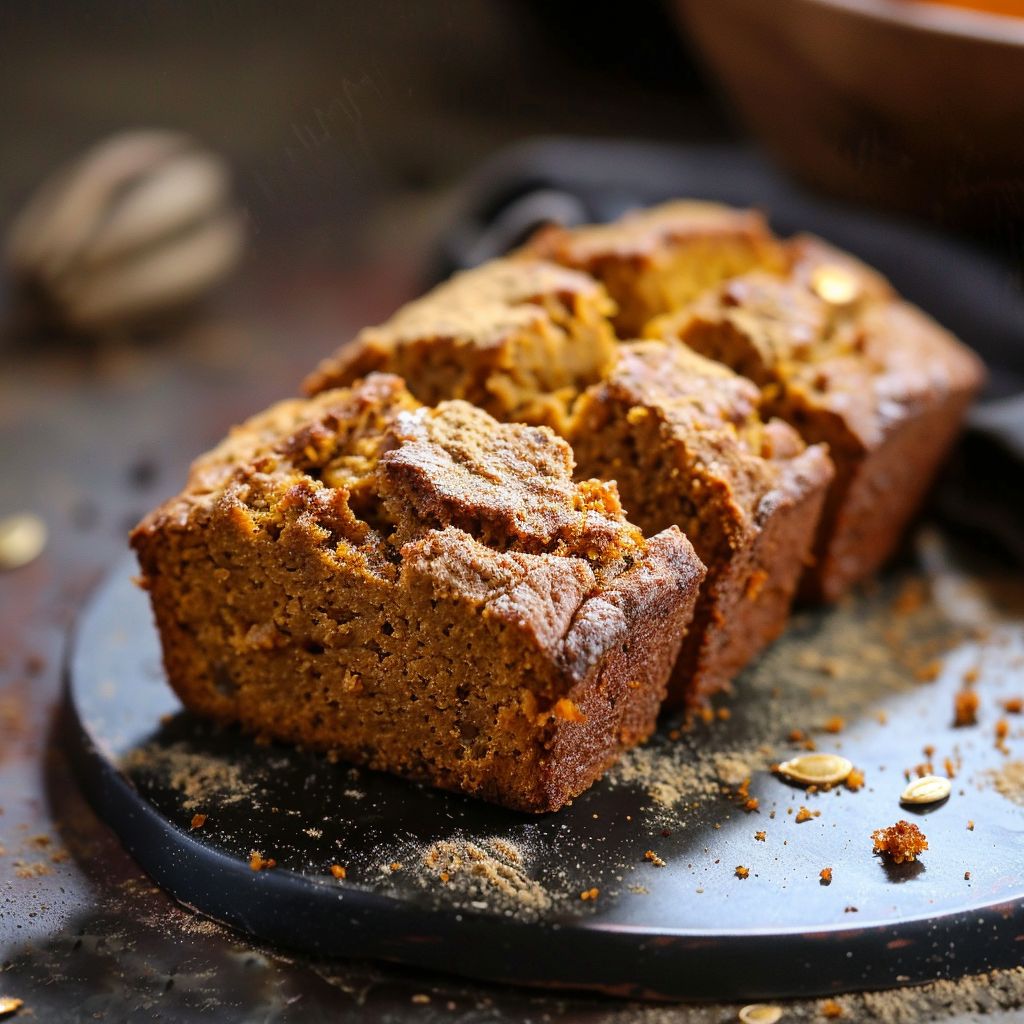 A slice of moist pumpkin bread topped with a brown sugar pecan crumble, displayed on a wooden board.