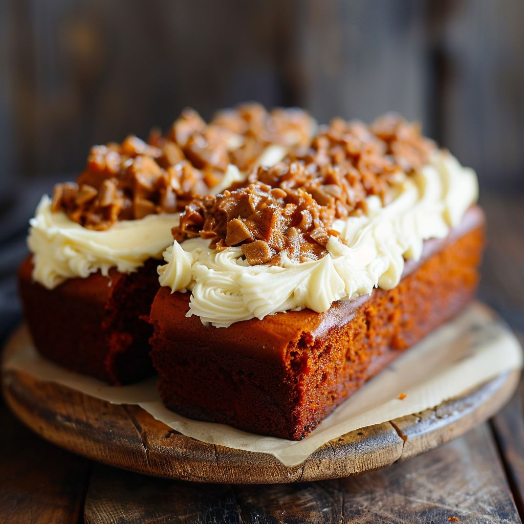 A loaf of pumpkin bread topped with a thick layer of cream cheese frosting, placed on a rustic wooden surface.