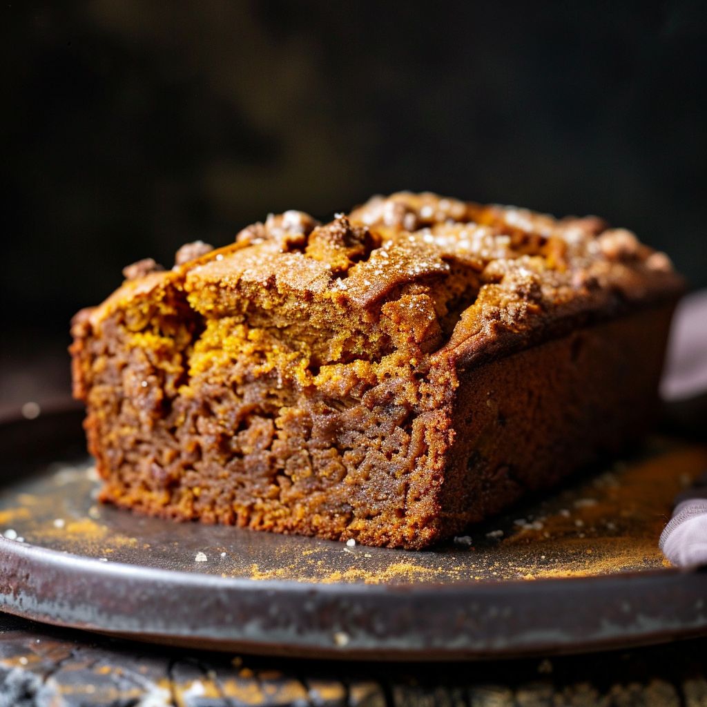 A slice of rich brown butter pumpkin bread with a glossy salted maple glaze, placed on a wooden cutting board.