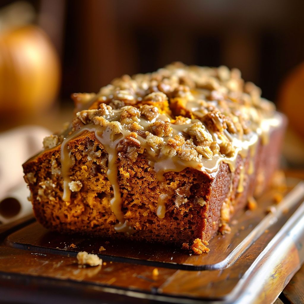 A slice of Maple Glazed Streusel Pumpkin Bread topped with a sweet maple glaze and scattered with streusel crumbs on a wooden cutting board.