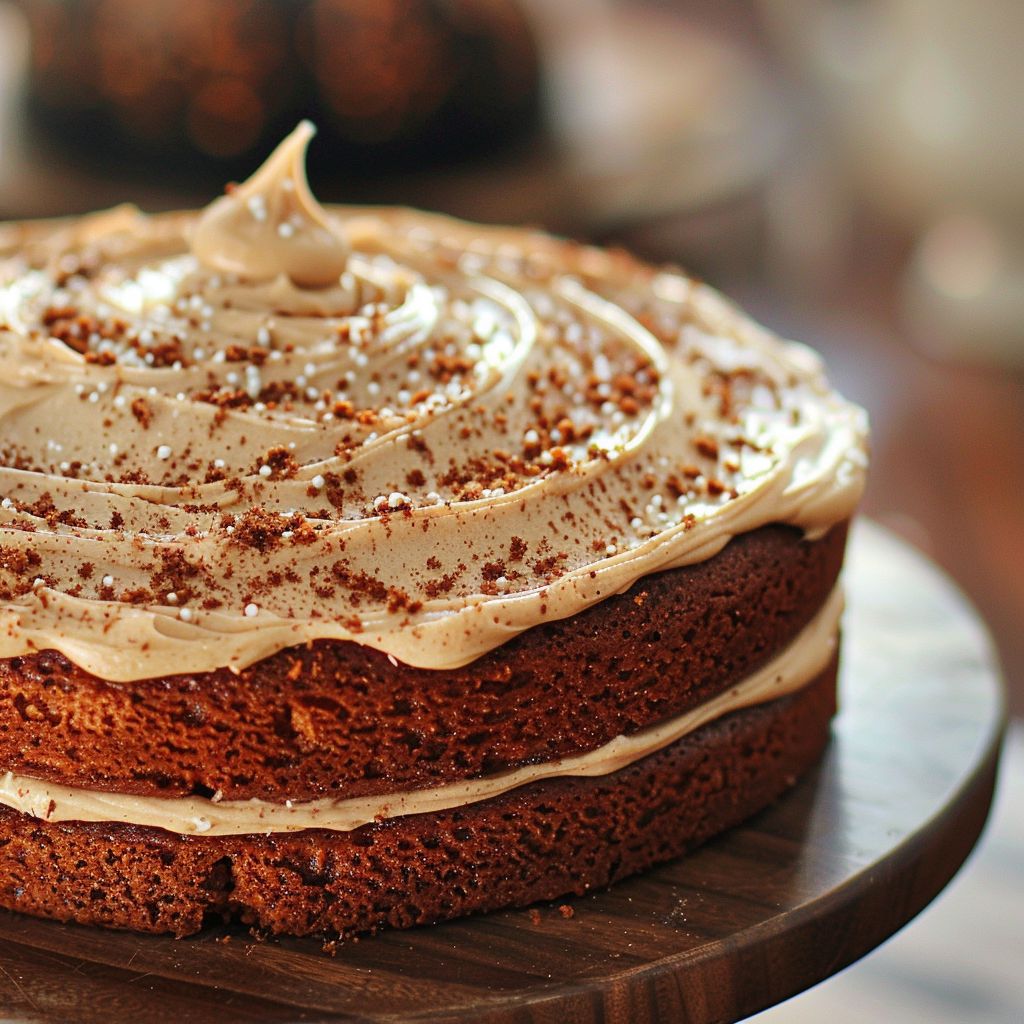 A rich, frosted pumpkin cake with a creamy orange frosting topped with fall spices.