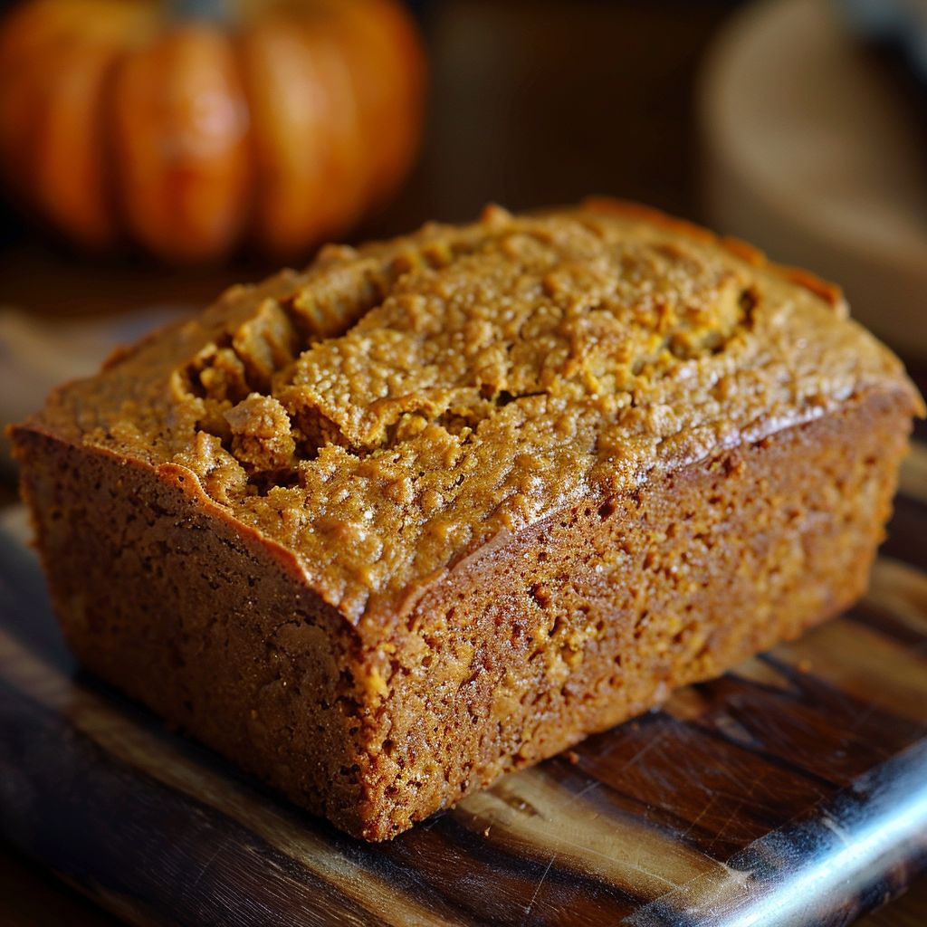 A slice of moist pumpkin bread topped with streusel and drizzled with maple glaze on a wooden table.