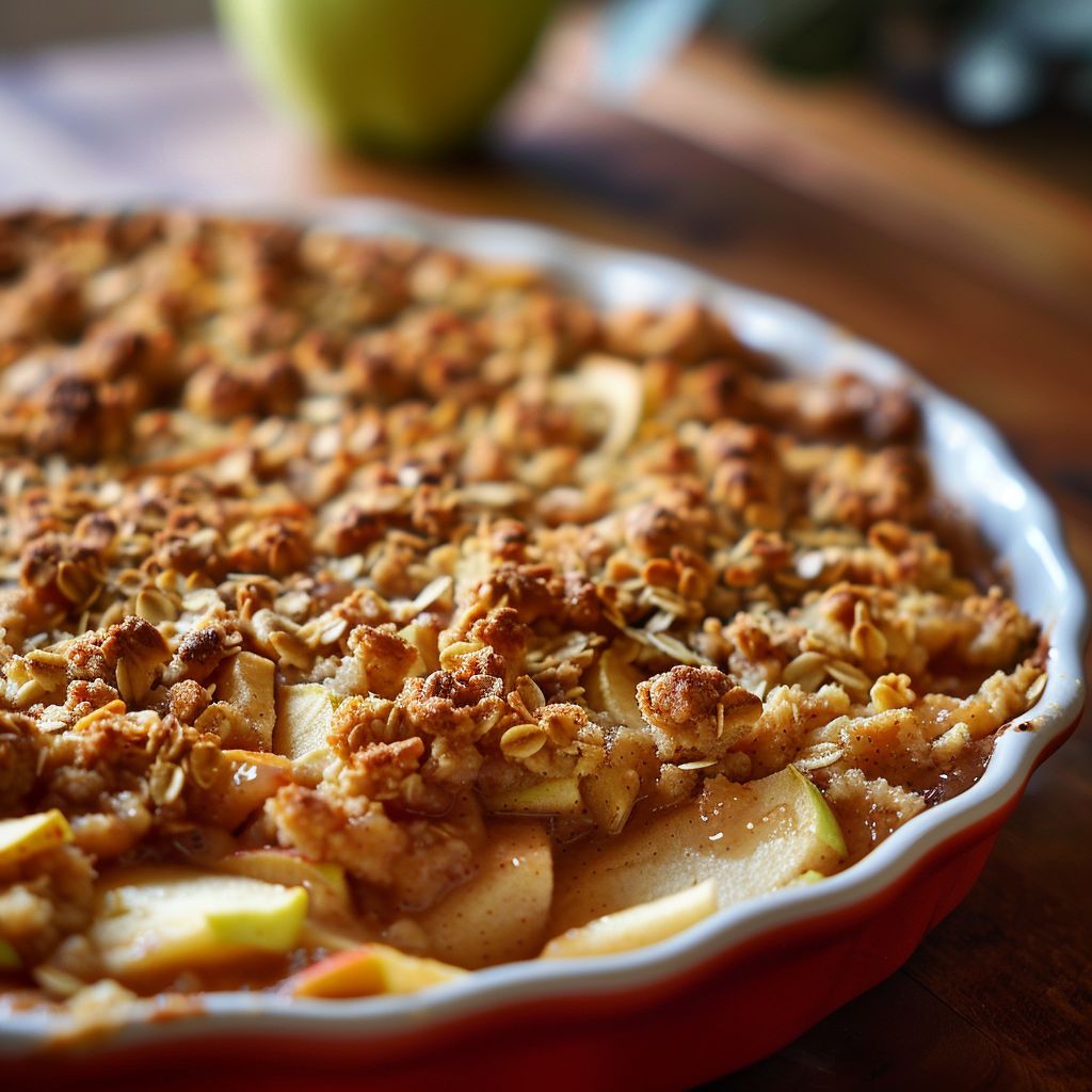 A close-up of a freshly baked apple crisp with a golden-brown topping.
