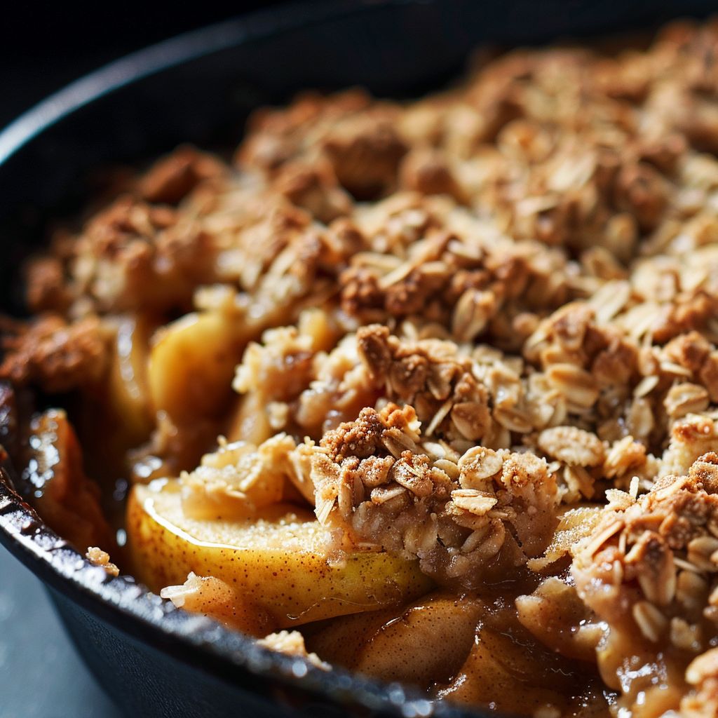 A freshly baked apple crisp with a golden crumble topping, served in a rustic dish.