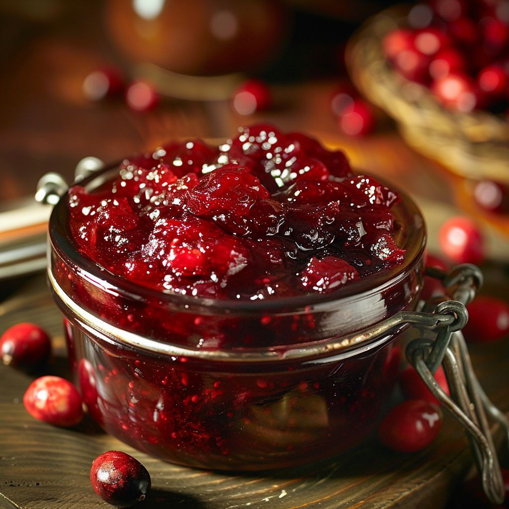 A close-up of a jar filled with vibrant cranberry apple chutney, surrounded by fresh apples and cranberries.