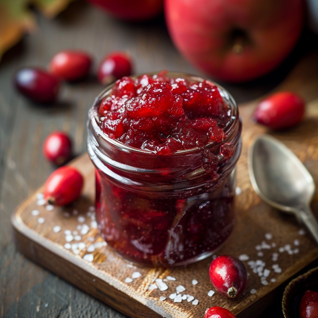 A close-up of vibrant cranberry apple chutney in a rustic bowl, garnished with herbs.