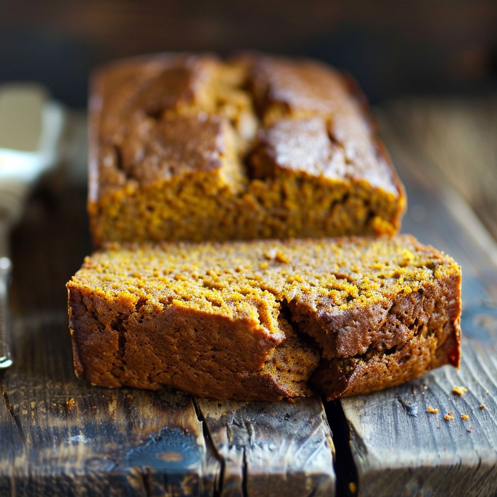 A slice of moist pumpkin bread with a golden-brown crust on a wooden cutting board.