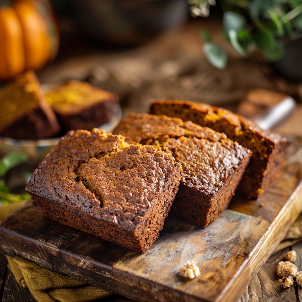 A beautifully baked loaf of pumpkin bread resting on a rustic wooden table.