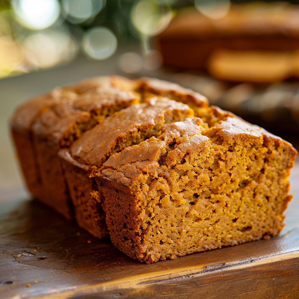 A close-up view of freshly baked pumpkin bread with a golden crust and a soft interior.