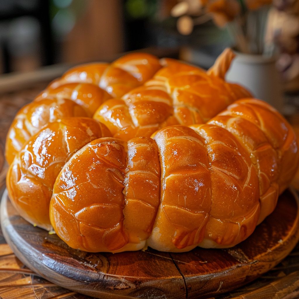 A close-up of pumpkin-shaped bread with a light cream cheese filling, showcasing a golden crust.