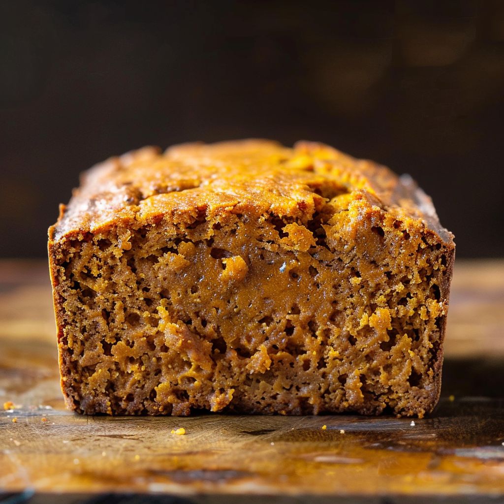 A slice of moist pumpkin bread on a wooden cutting board with a soft focus background.