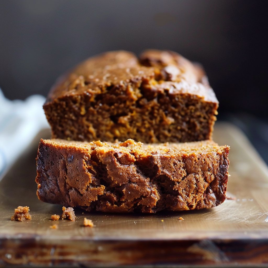 A loaf of moist pumpkin bread sliced, showcasing its soft texture and rich orange color.