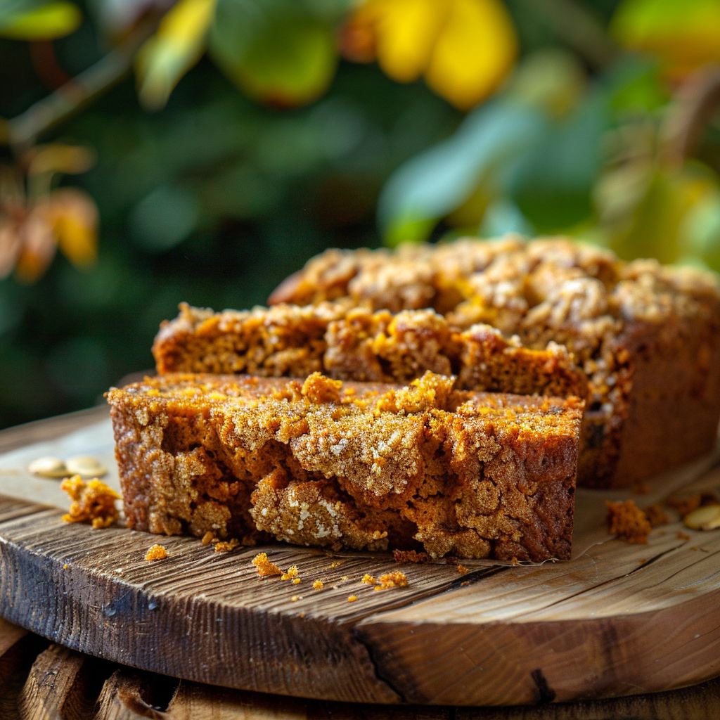 A loaf of golden-brown pumpkin bread with a slice cut out, showcasing its moist texture.