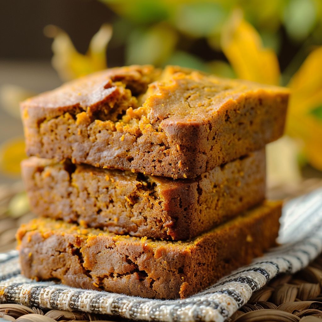 A slice of moist pumpkin bread on a wooden cutting board with a rustic background.