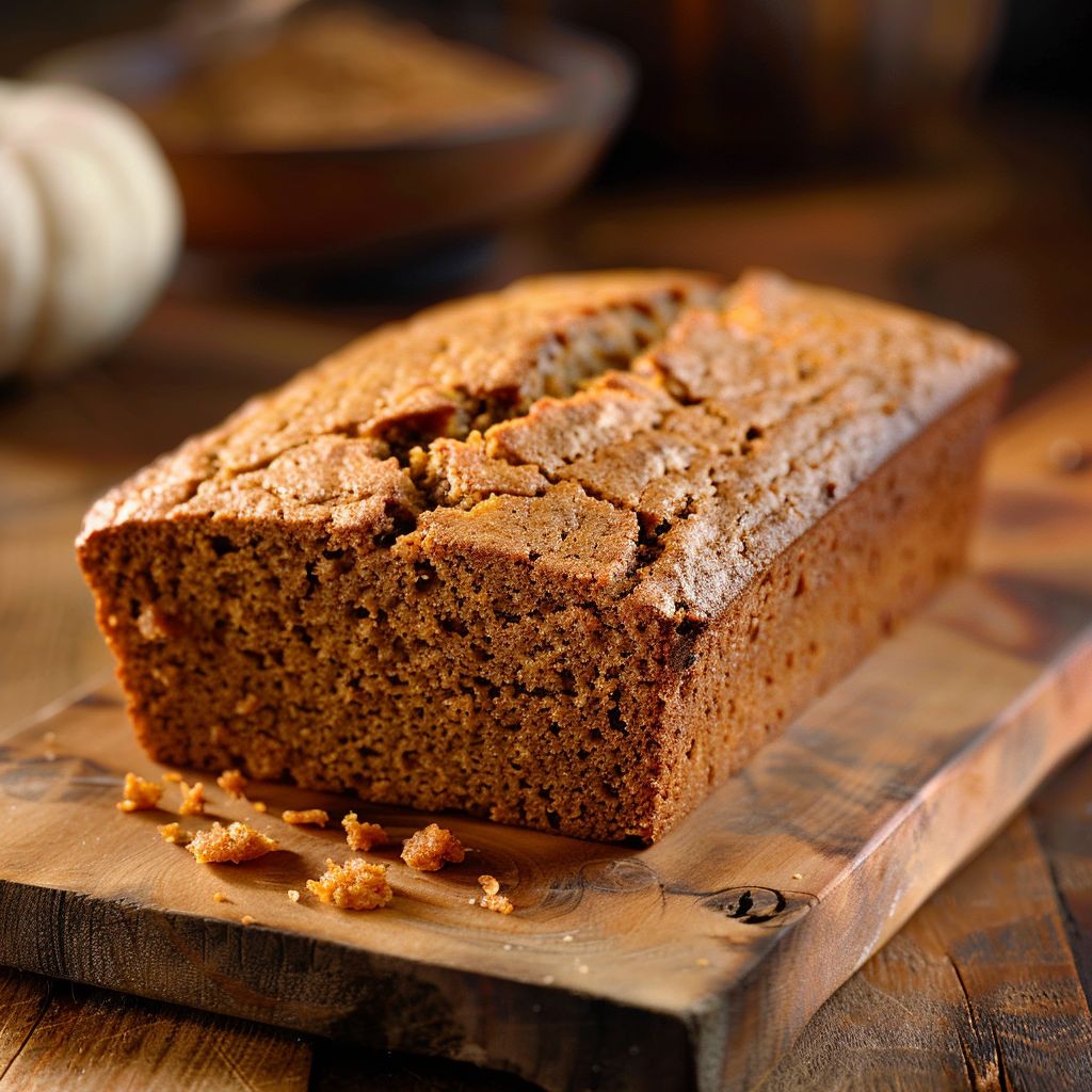 A loaf of Libby's pumpkin bread sliced and displayed on a wooden cutting board.