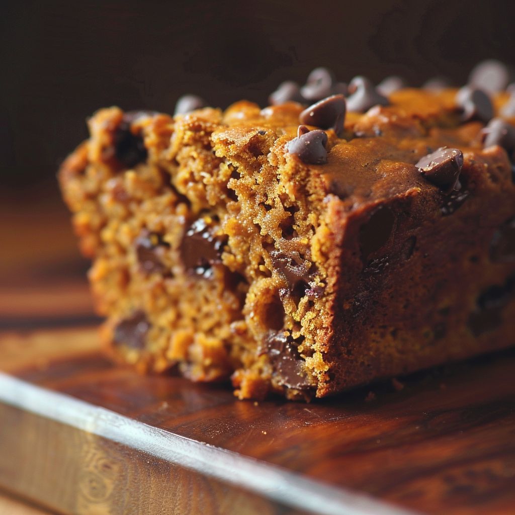 A loaf of freshly baked pumpkin chocolate chip bread on a wooden surface.