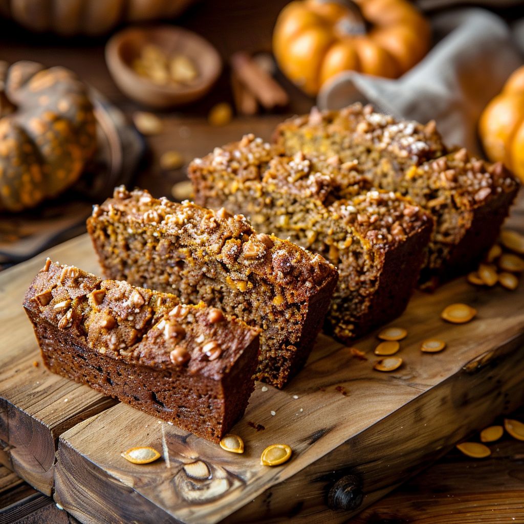 A loaf of Vegan Pumpkin Bread on a wooden cutting board with a slice cut out, showcasing its moist texture.