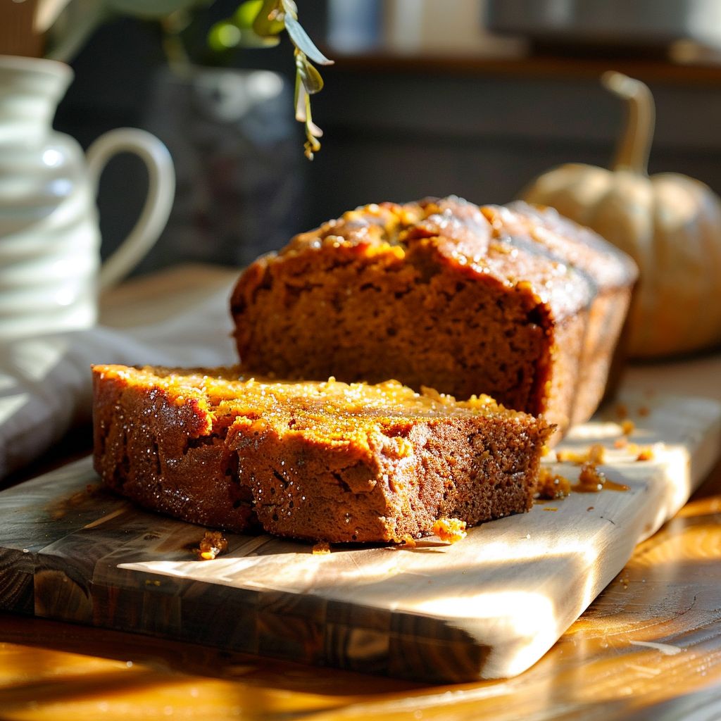 A loaf of Maple Pumpkin Bread topped with a crumbly streusel, placed on a wooden board.