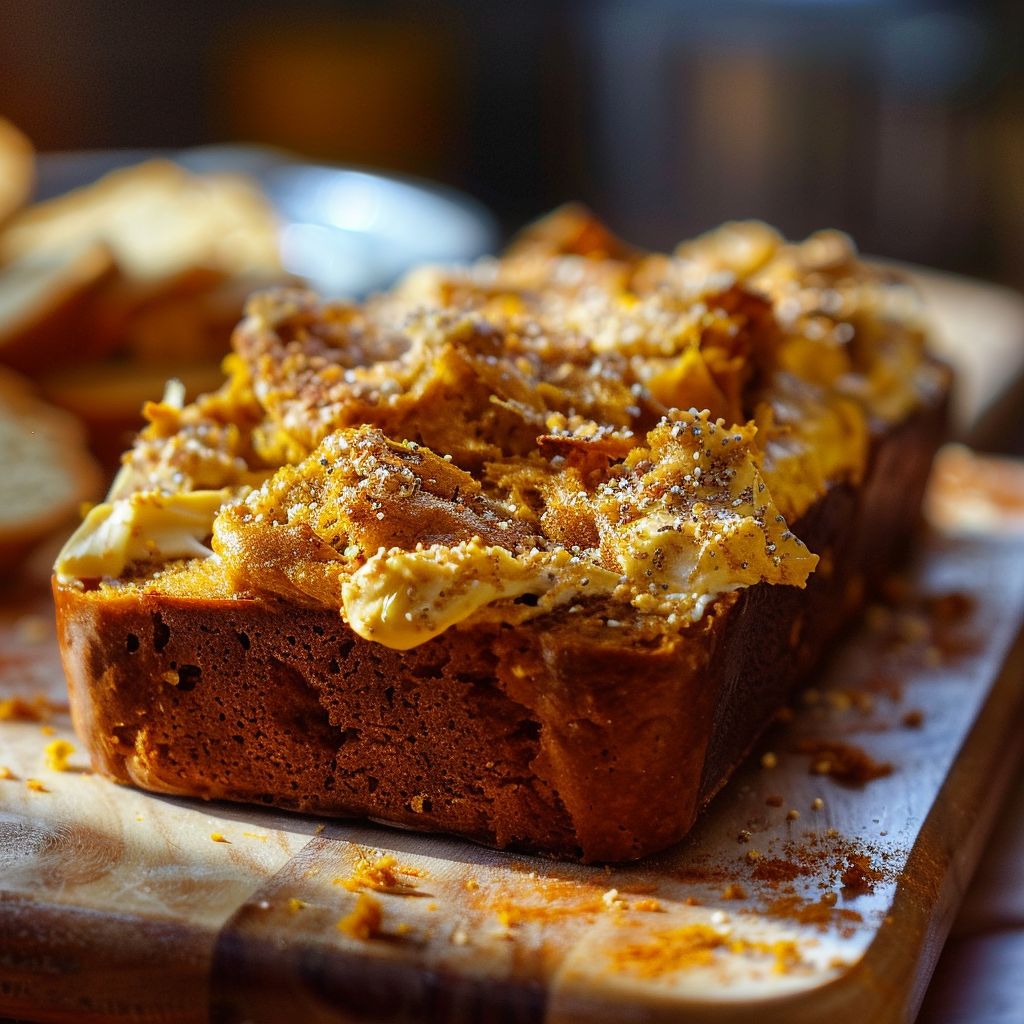 A freshly baked pumpkin bread loaf topped with crumbly streusel, displayed on a wooden cutting board.
