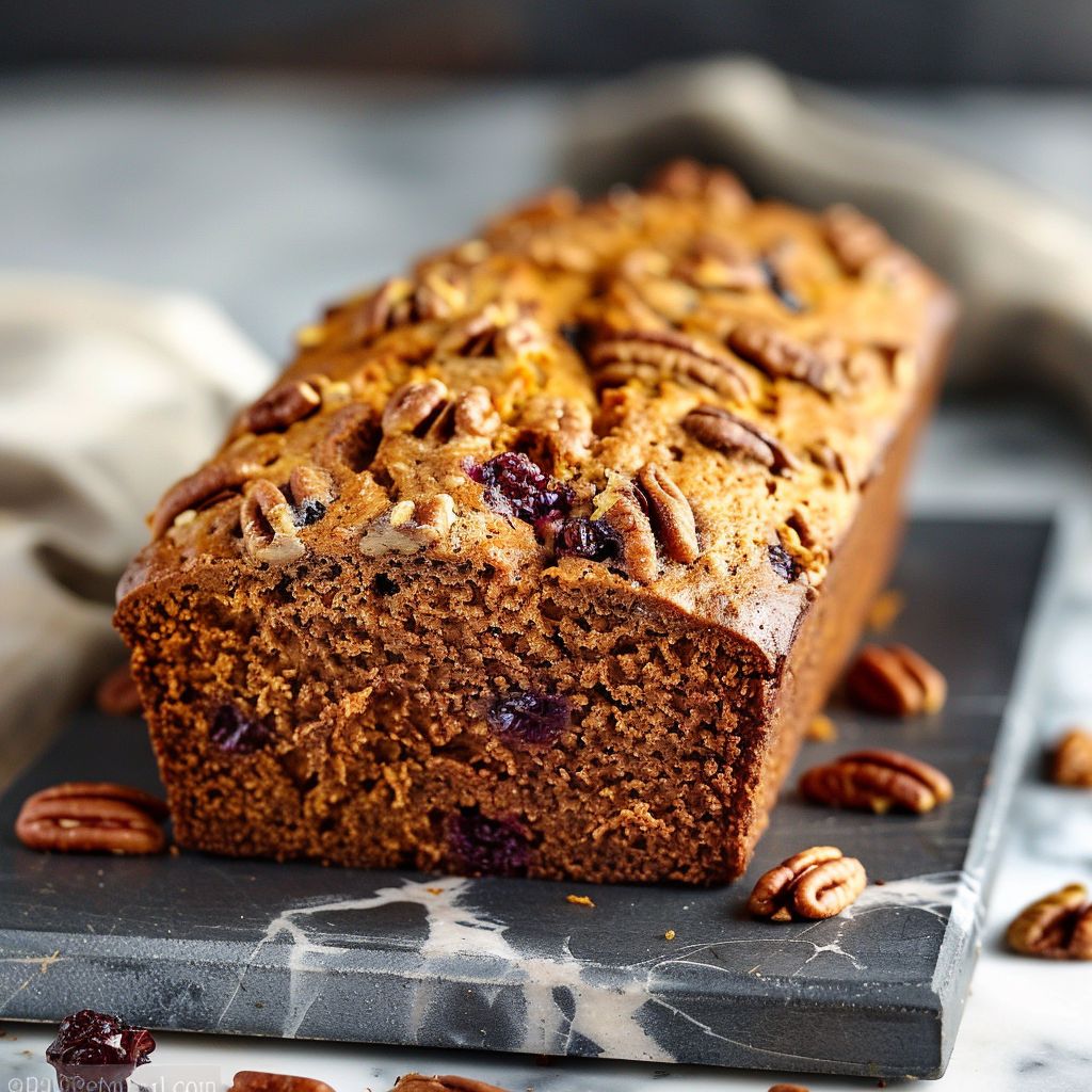 A loaf of Cranberry Pecan Pumpkin Bread with visible cranberries and pecan pieces on a wooden cutting board.