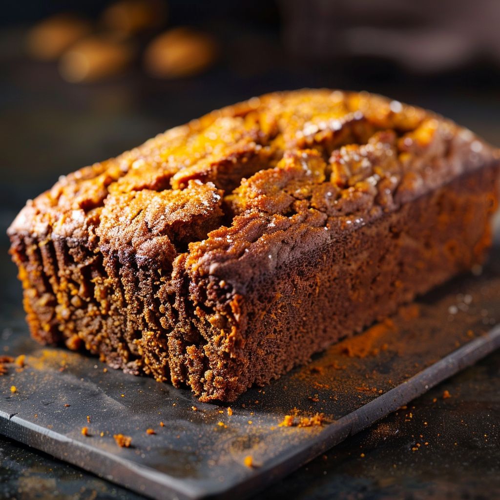 A freshly baked loaf of pumpkin bread with a golden brown crust, sliced to reveal its moist interior.