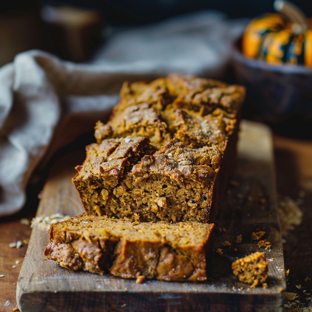 A close-up of a slice of vegan pumpkin bread, showcasing its moist texture and warm color.