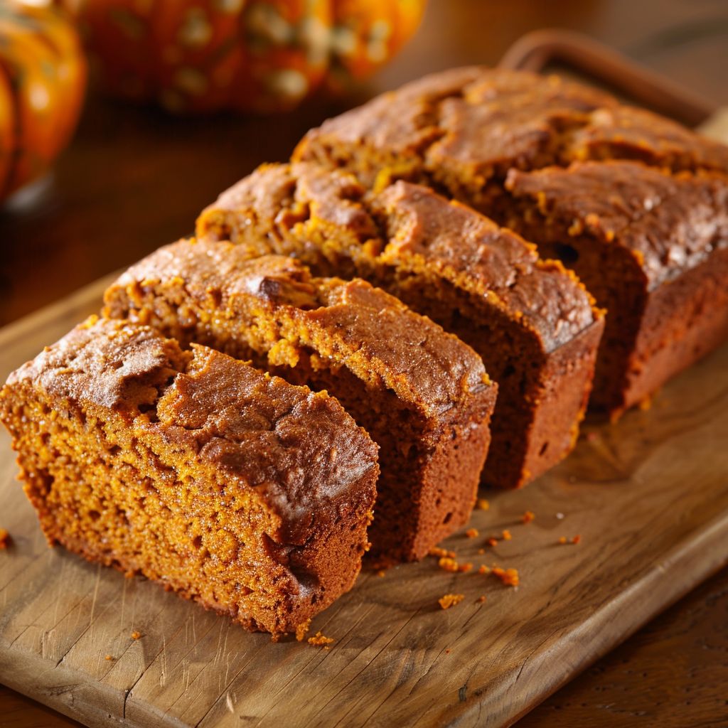 A slice of freshly baked pumpkin bread on a wooden cutting board, surrounded by autumn leaves and spices.