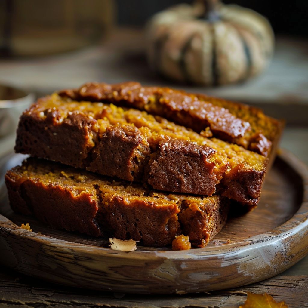 A slice of healthy pumpkin bread on a wooden board with a light background.