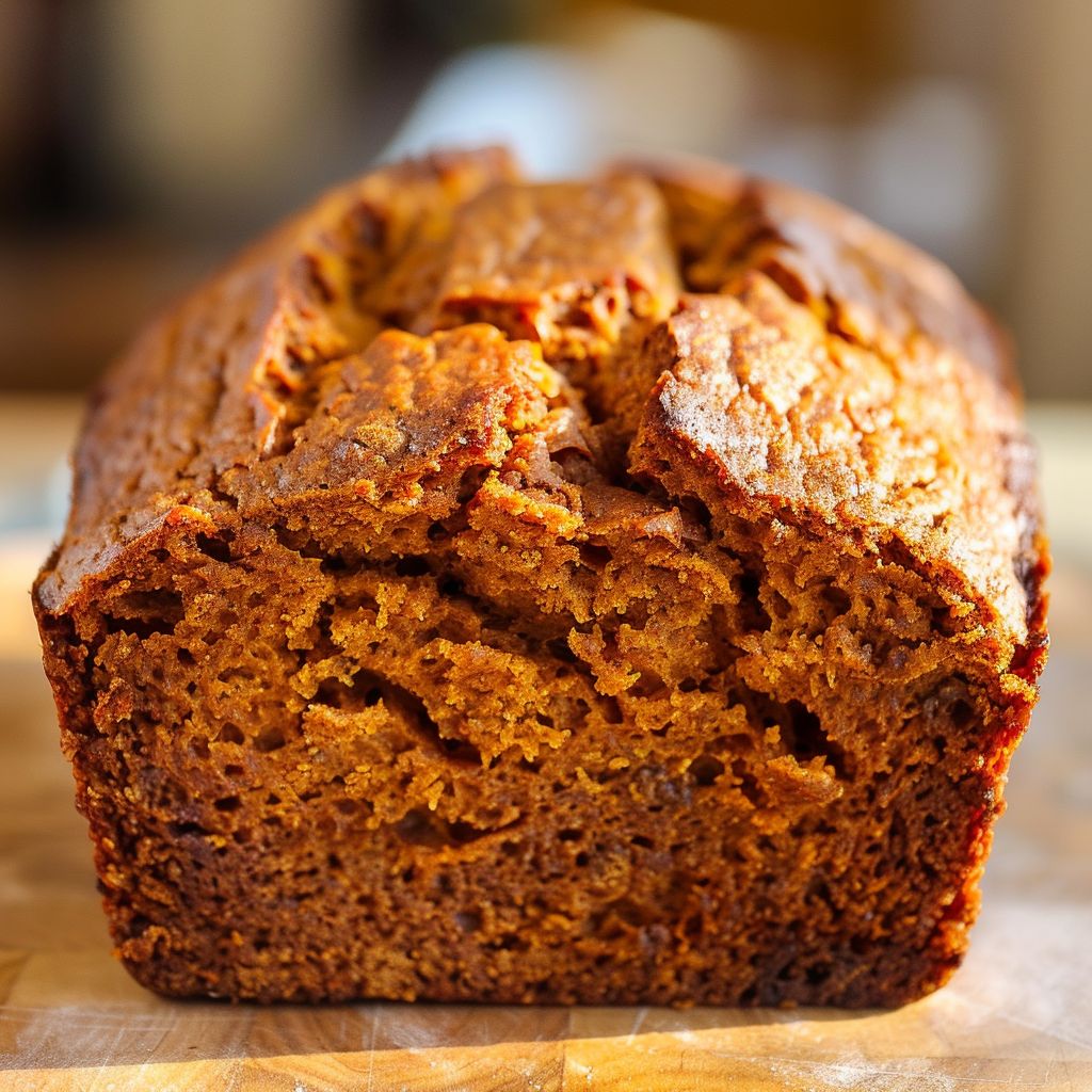 A slice of moist spiced pumpkin bread with a golden-brown crust on a rustic wooden table.