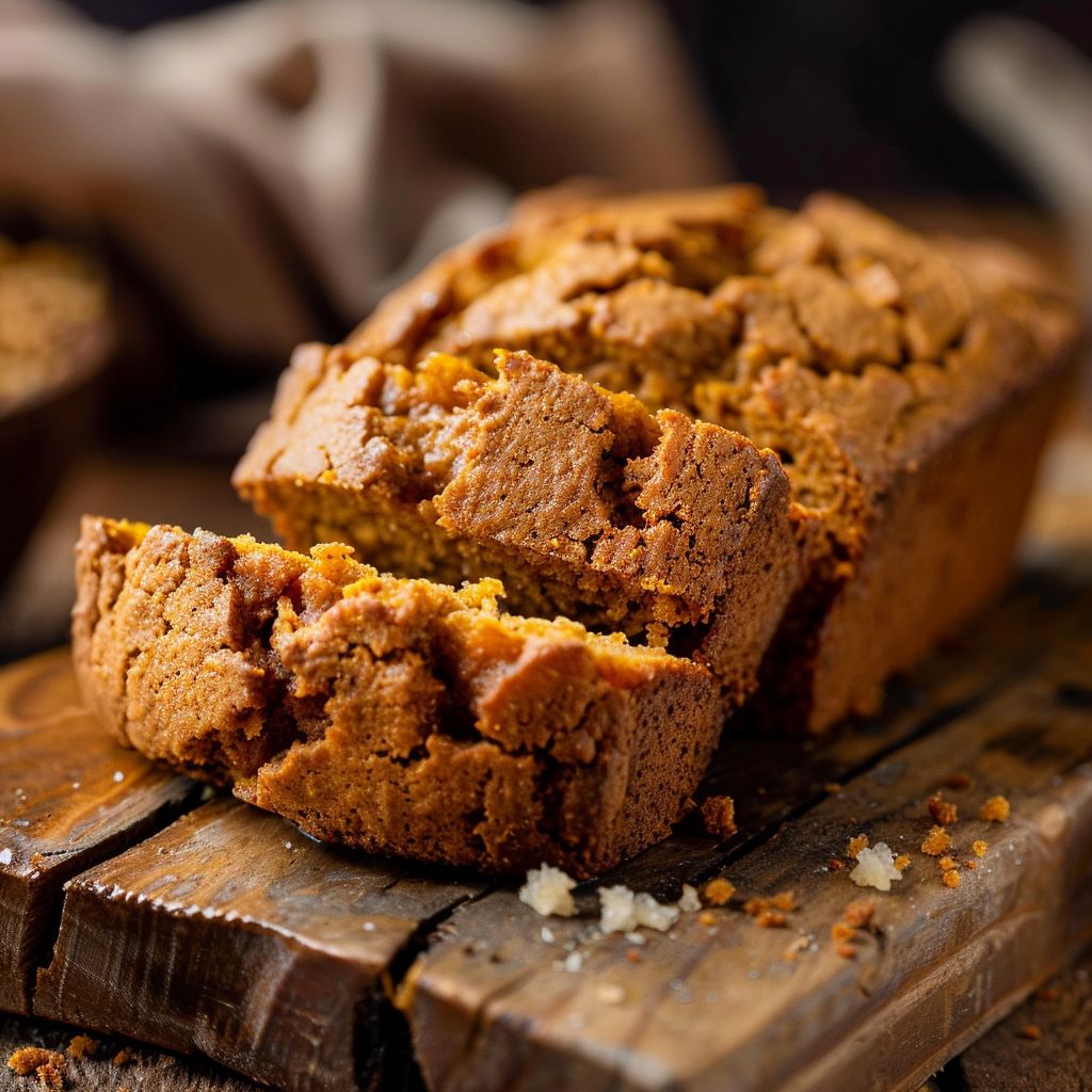 A loaf of perfectly baked pumpkin bread with a smooth, golden-brown crust on a wooden cutting board.