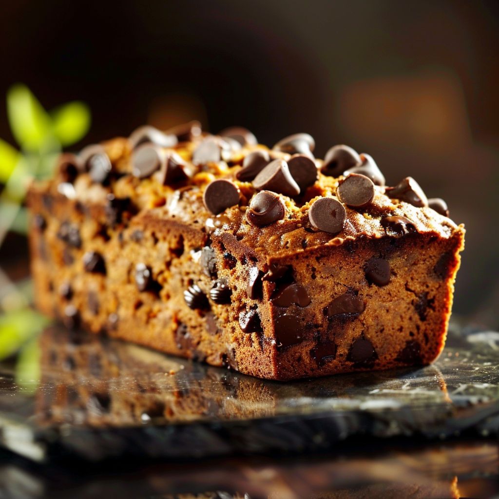 A freshly baked loaf of pumpkin chocolate chip bread on a rustic wooden table.