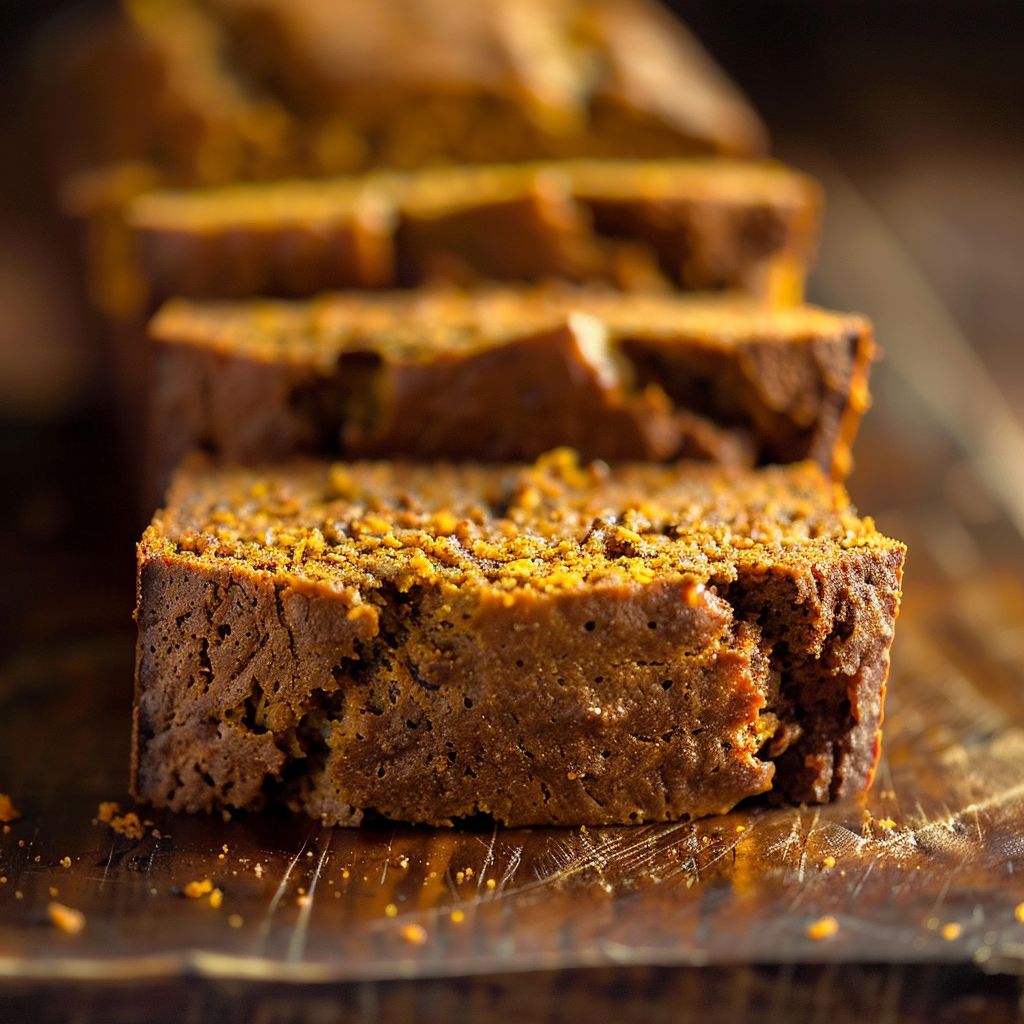 A sliced loaf of spiced pumpkin bread with a moist texture, displayed on a wooden board.