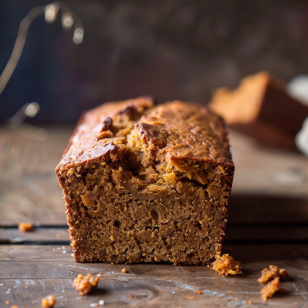 A close-up view of a freshly baked loaf of pumpkin bread, showcasing its golden-brown crust and soft interior.