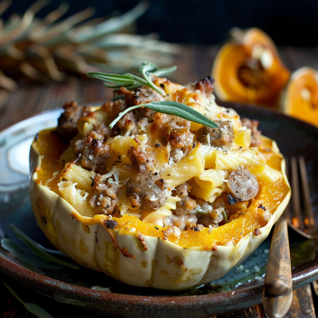A close-up of a bowl of Autumn Sausage Pasta Squash with colorful ingredients.