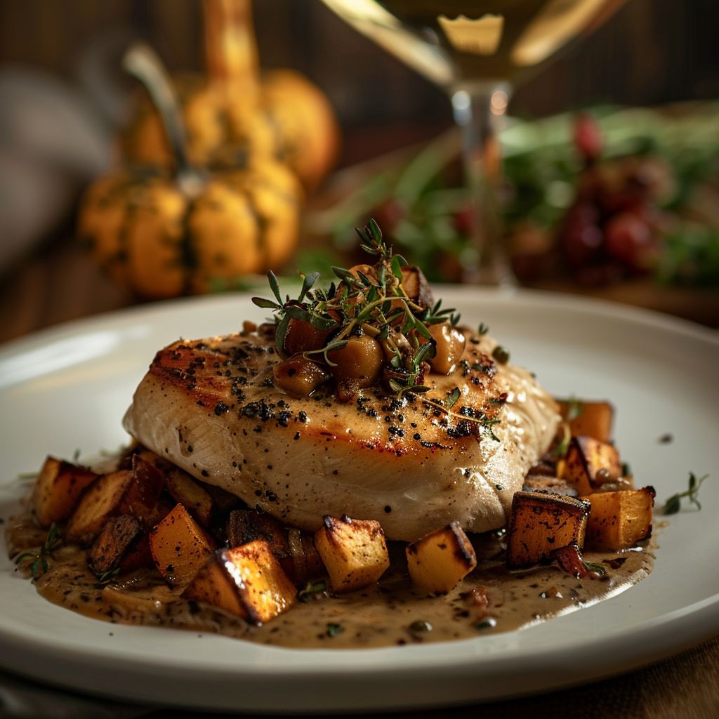 A beautifully plated high-protein fall dinner featuring roasted chicken and vegetables.