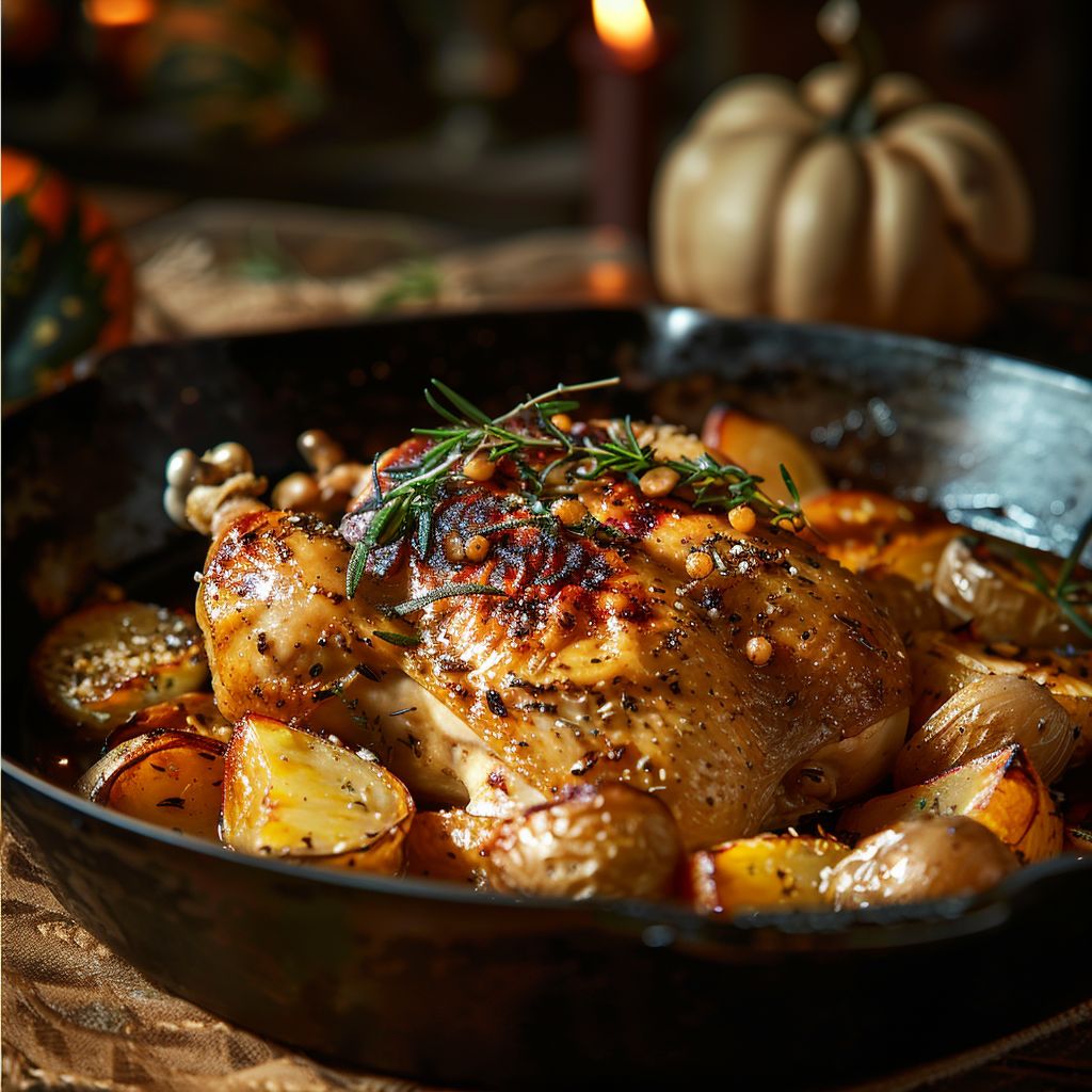 A beautifully arranged plate of roasted chicken surrounded by seasonal vegetables and herbs on a rustic wooden table.