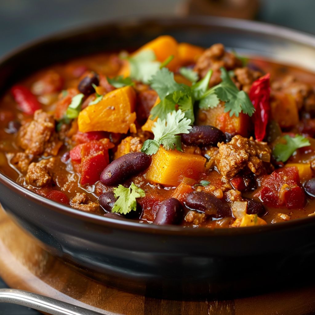 A bowl of vibrant Pumpkin Chili garnished with green herbs, surrounded by ingredients on a wooden table.