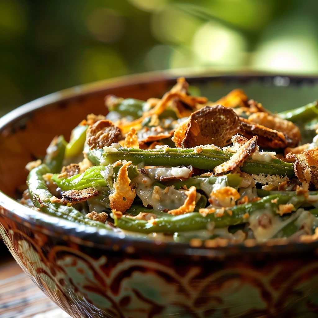A green bean casserole served in a white baking dish, topped with crispy fried onions.
