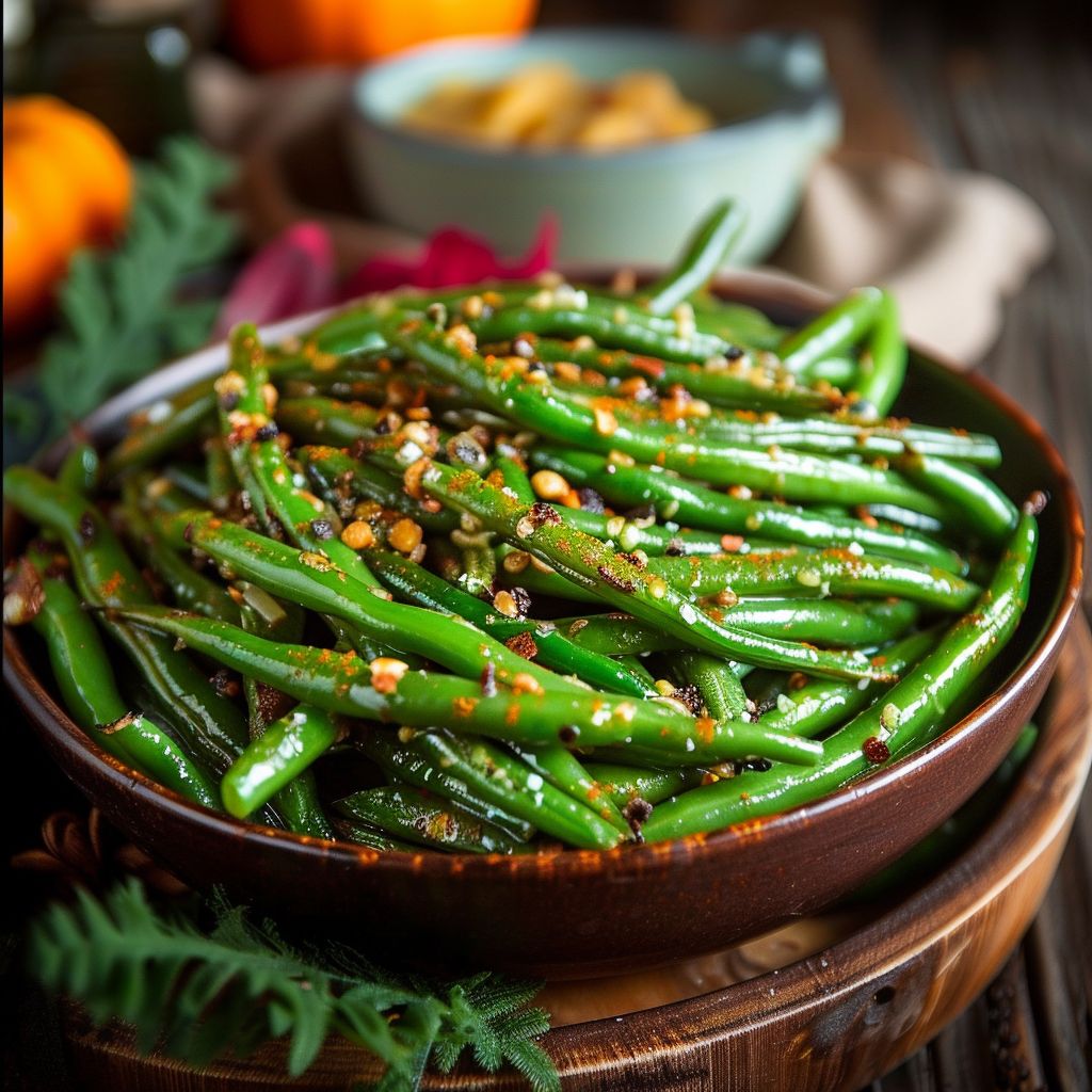 Delicious green bean casserole with crispy onion topping in a rustic dish.