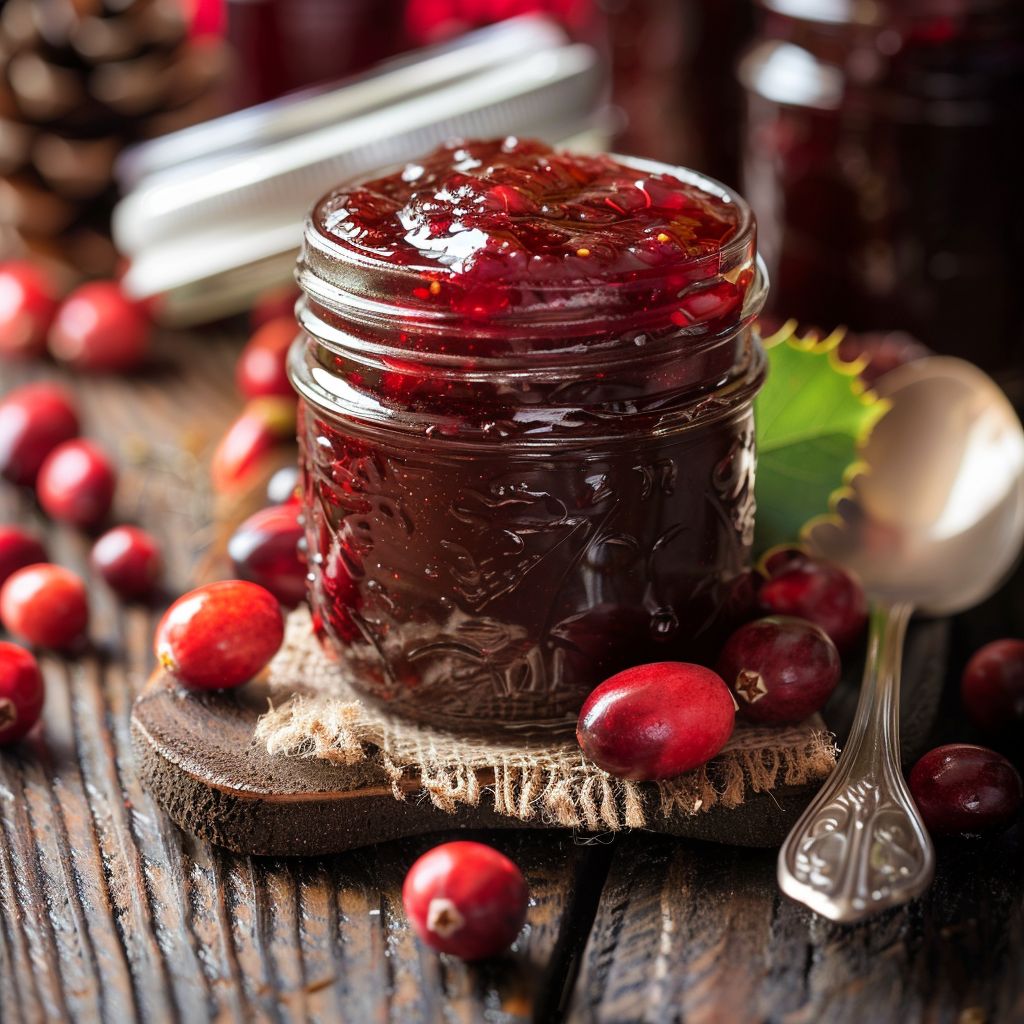 A jar of vibrant cranberry jam beside fresh cranberries and herbs on a rustic wooden table.