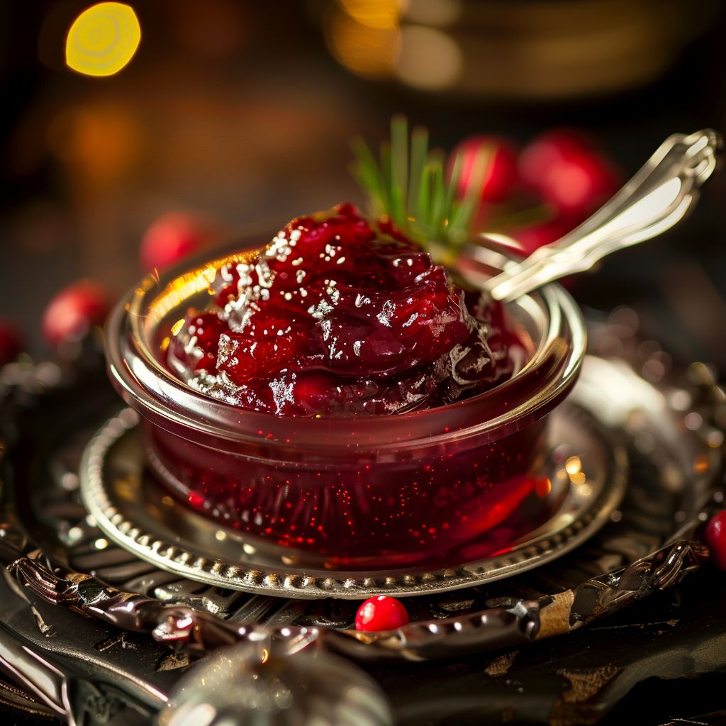 A jar of vibrant red cranberry jam surrounded by fresh cranberries and rosemary sprigs.