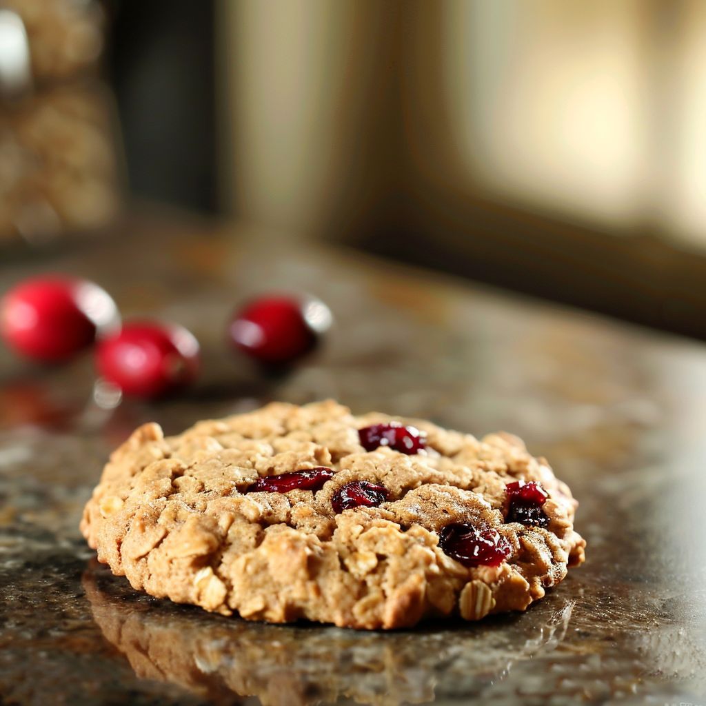 A close-up view of cranberry oatmeal cookies on a wooden surface, showcasing their chewy texture and bright red cranberries.