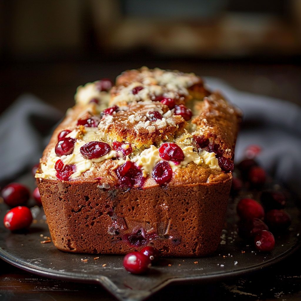A freshly baked Cream Cheese Cranberry Loaf on a rustic wooden table, showcasing a golden crust and vibrant cranberry bits.