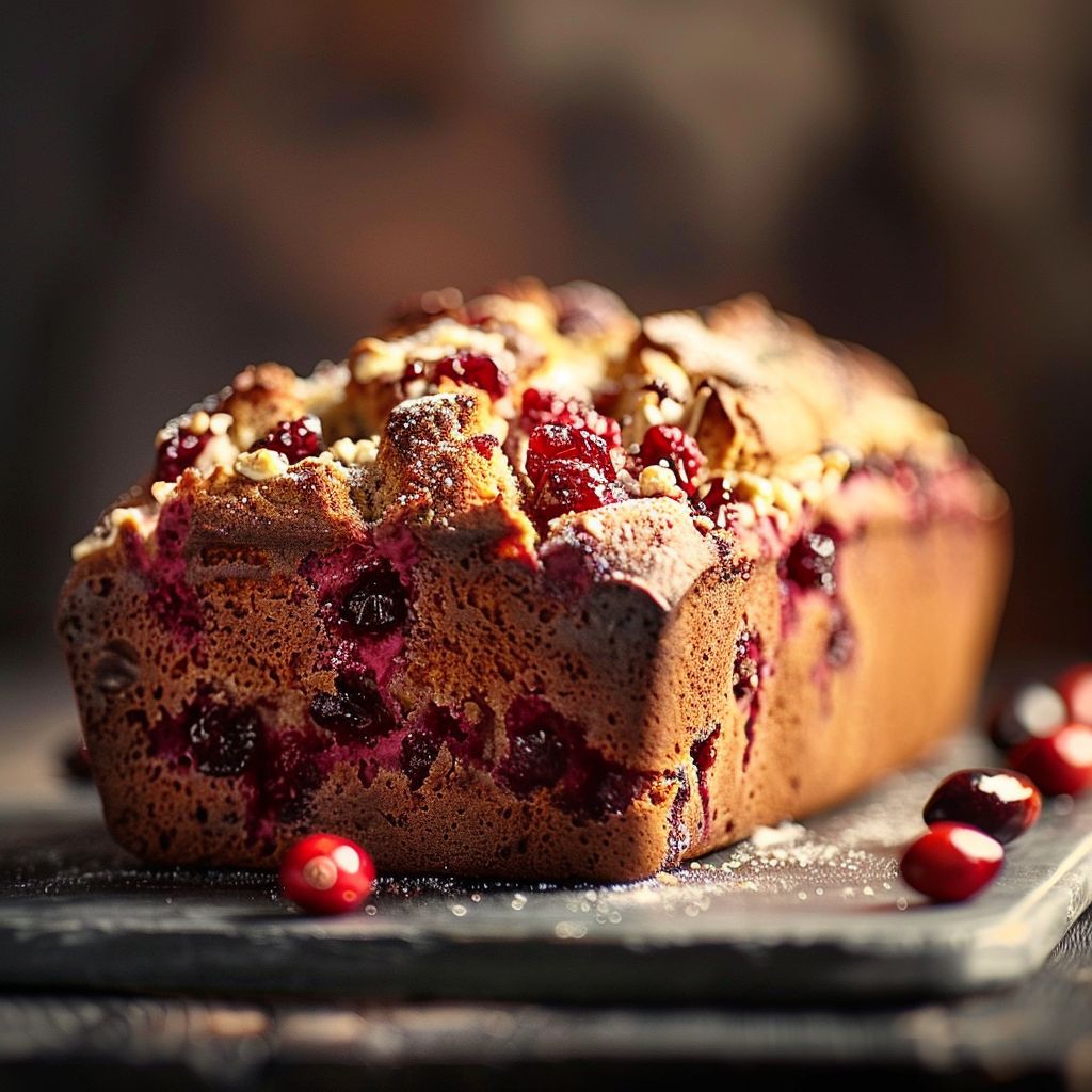 A freshly baked Cream Cheese Cranberry Loaf cut into slices, showcasing its moist texture and vibrant cranberry pieces.