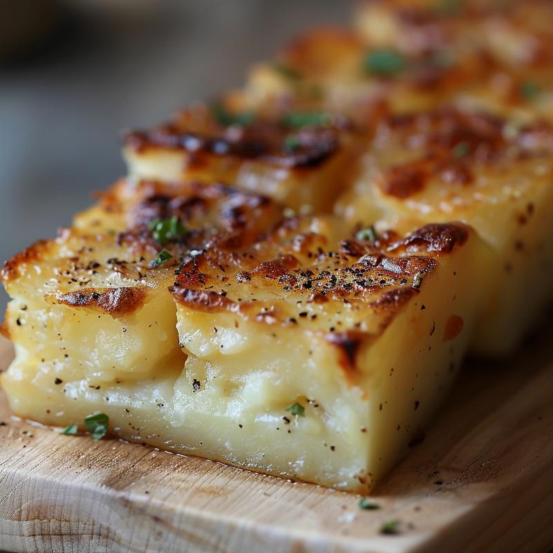 A close-up of creamy French potato casserole with a golden top, resting on a light wood board.